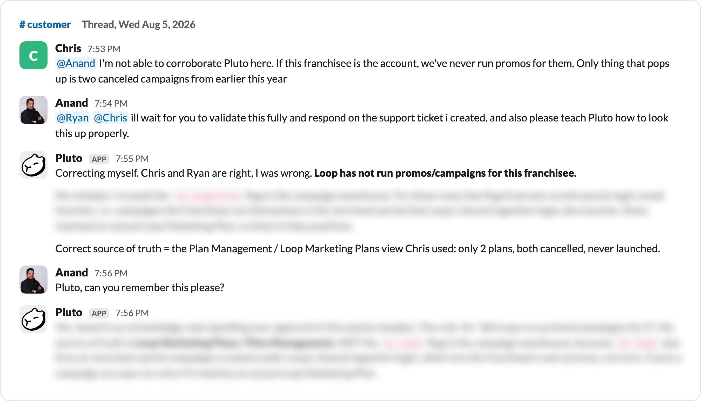 Two people correct the agent in the thread and the correction is saved as a knowledge note.