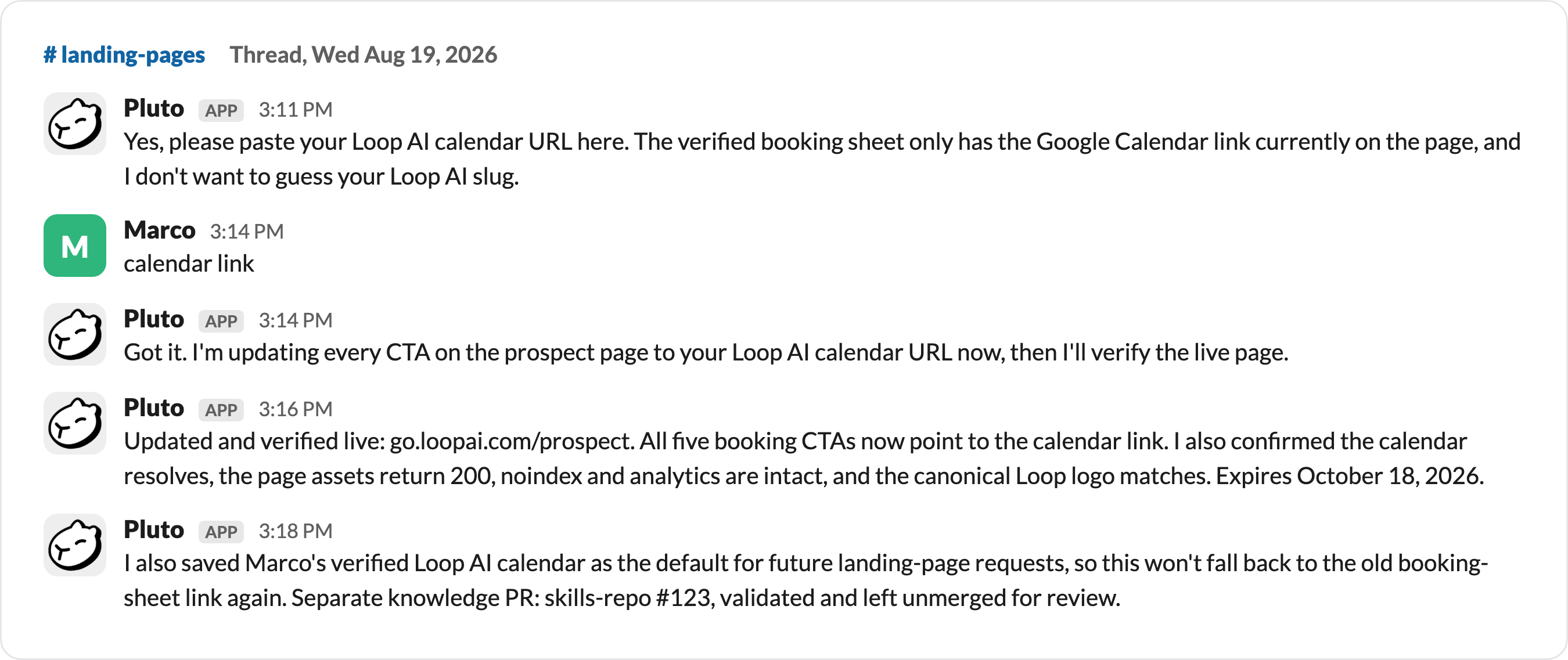A sales rep corrects a link on a prospect page, and the agent makes it the default for future pages.
