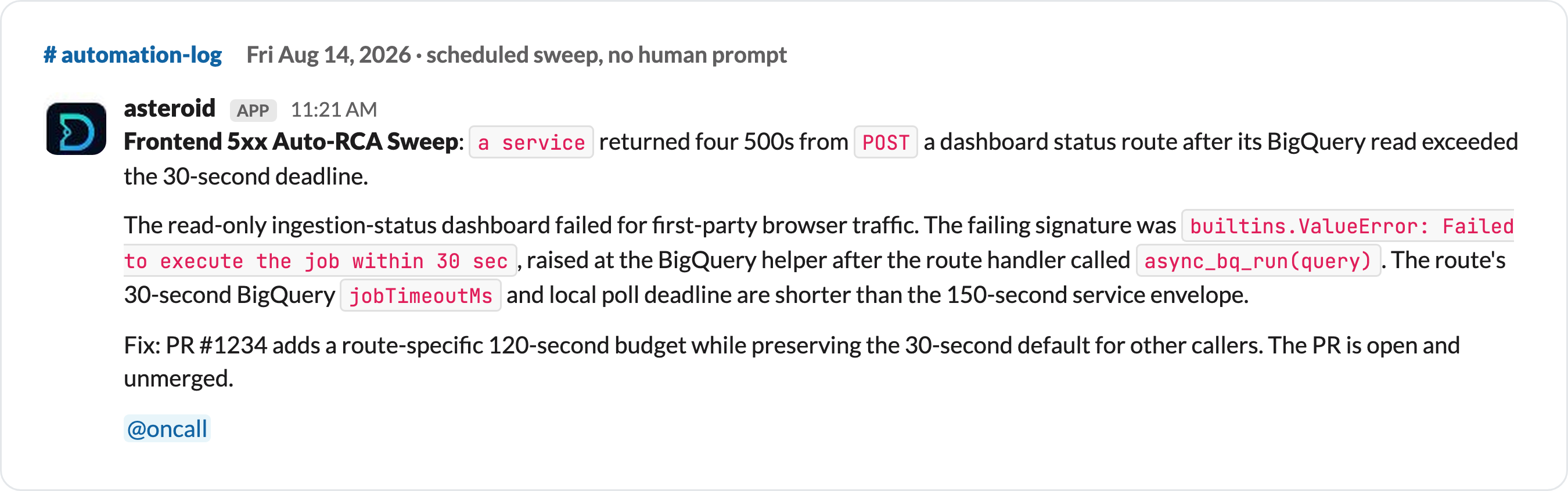A scheduled sweep posting the root cause of four server errors with the fix already open.